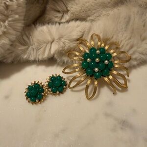 Vintage BSK Gold and Green Floral Brooch and Earring Set